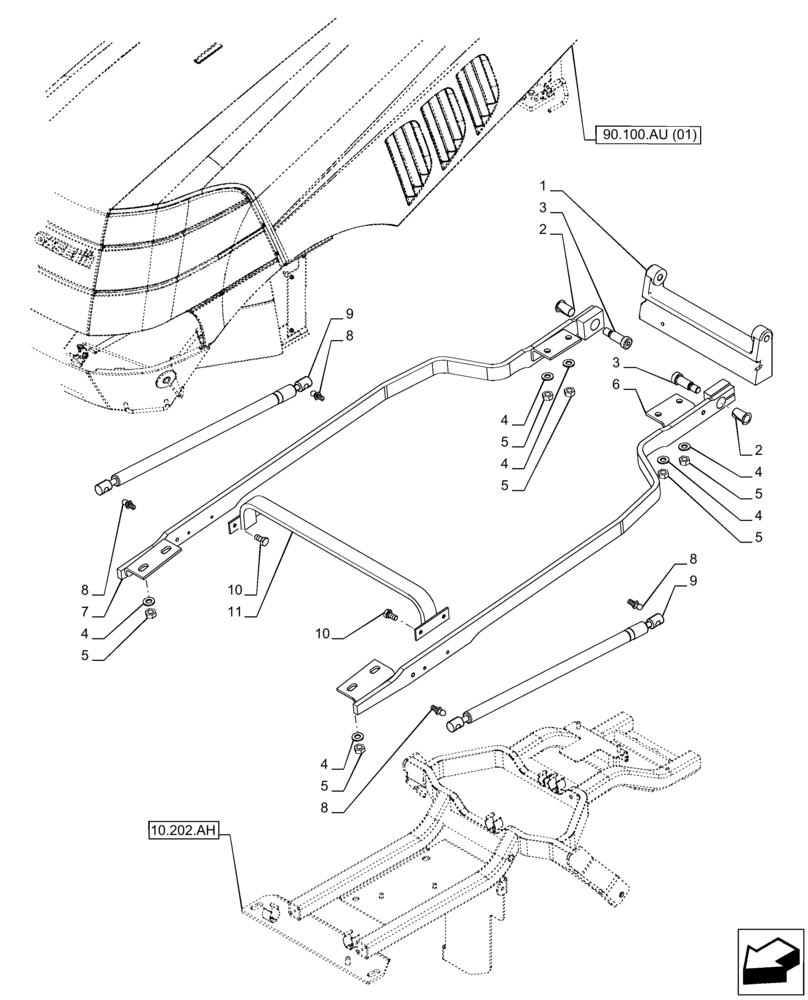 Схема запчастей Case IH PUMA 185 CVT - (90.102.AD[02]) - VAR - 391216, 758207, 758208, 758210 - HOOD, SUPPORTING ARM (90) - PLATFORM, CAB, BODYWORK AND DECALS