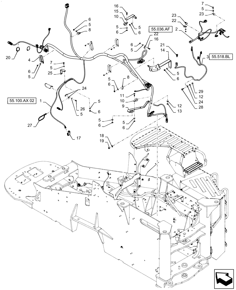 Схема запчастей Case IH STEIGER 370 - (55.100.AX[01]) - FRONT FRAME HARNESS MOUNTING, W/O CAB SUSPENSION, BSN ZFF308000 (55) - ELECTRICAL SYSTEMS