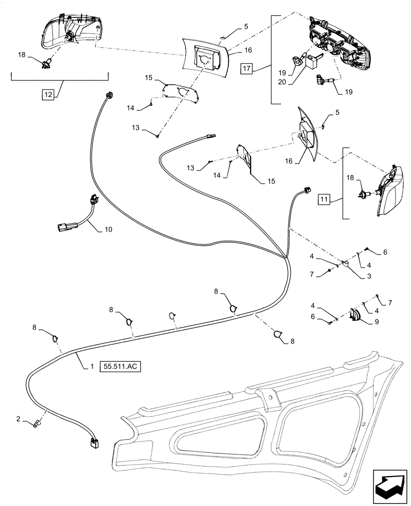 Схема запчастей Case IH STEIGER 420 - (55.404.AQ[02]) - VAR - 449344 - HEADLIGHT, HID OPTION 1 (55) - ELECTRICAL SYSTEMS