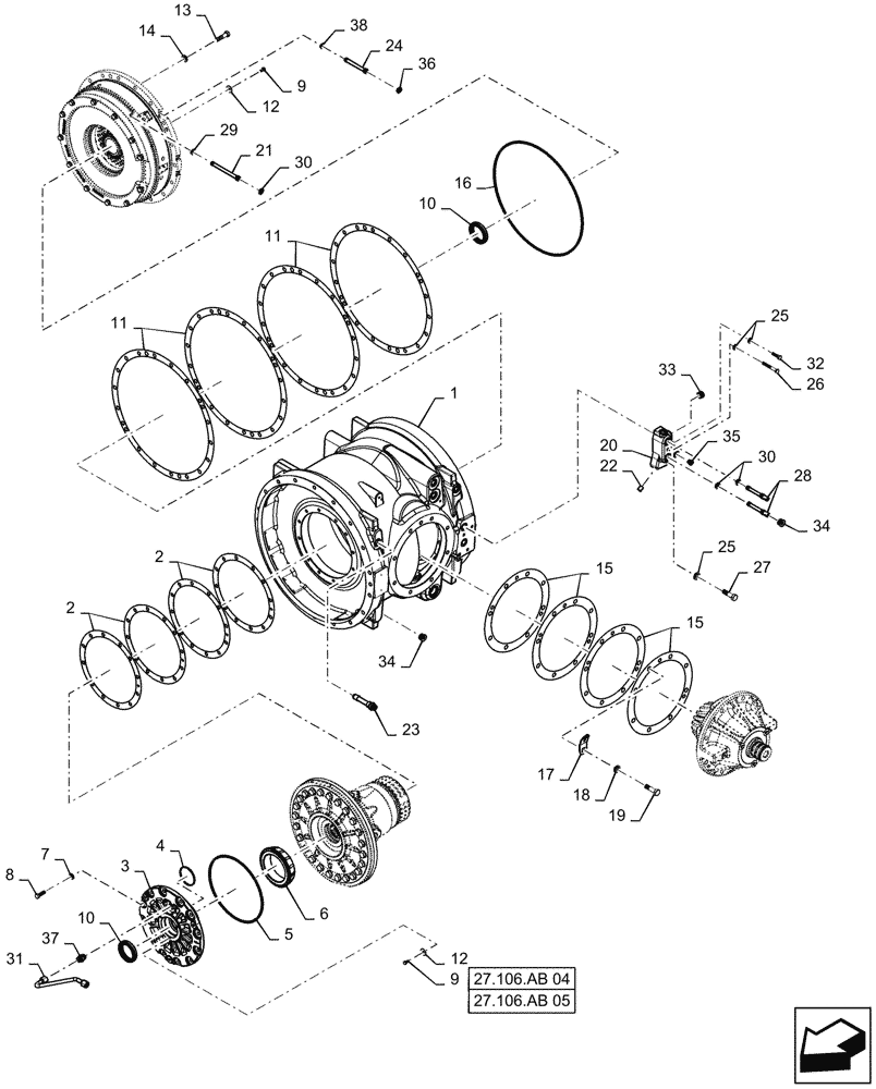 Схема запчастей Case IH QUADTRAC 470 - (27.106.AB[01]) - REAR AXLE ASSY, HOUSING, GEARS & SUPPORT (27) - REAR AXLE SYSTEM