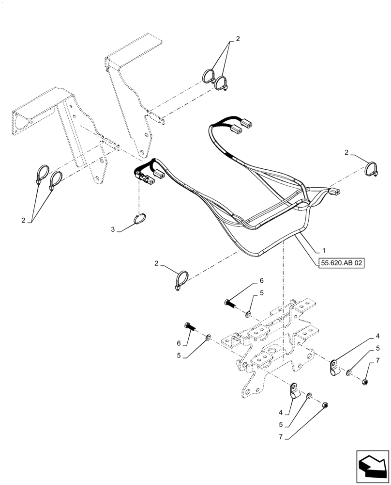 Схема запчастей Case IH QUADTRAC 470 - (55.620.AB[01]) - VAR - 420402, 424825 - EHR CONTROL VALVE HARNESS MOUNTING, 4 SPOOL (55) - ELECTRICAL SYSTEMS