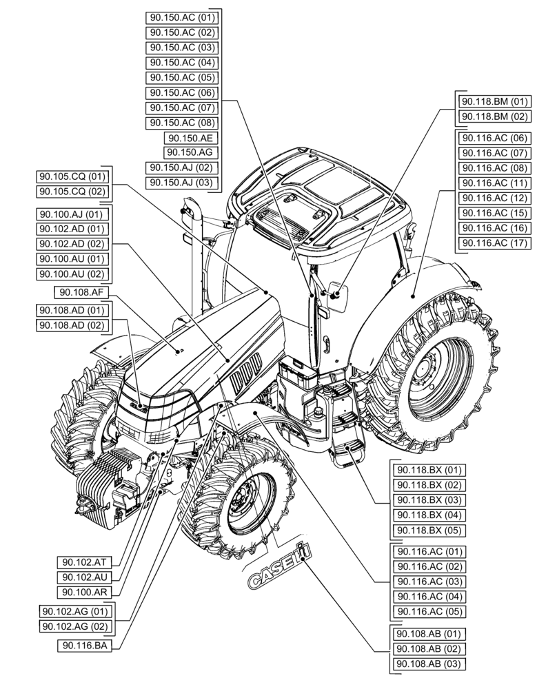 Схема запчастей Case IH PUMA 150 - (90.000.00[01]) - SECTION INDEX - PLATFORM, CAB, BODYWORK AND DECALS (90) - PLATFORM, CAB, BODYWORK AND DECALS
