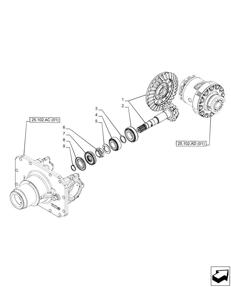 Схема запчастей Case IH PUMA 165 CVT - (25.102.AB[01]) - VAR - 391156 - 4WD FRONT AXLE, BEVEL PINION (25) - FRONT AXLE SYSTEM