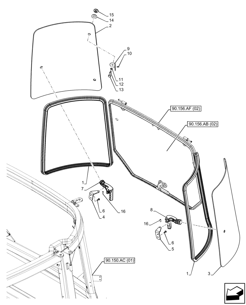 Схема запчастей Case IH FARMALL 85C - (90.156.AI[02]) - VAR - 334180, 334183, 334211, 743496, 743573, 744588 - GLASS, REAR, RIGHT SIDE, LEFT SIDE (90) - PLATFORM, CAB, BODYWORK AND DECALS