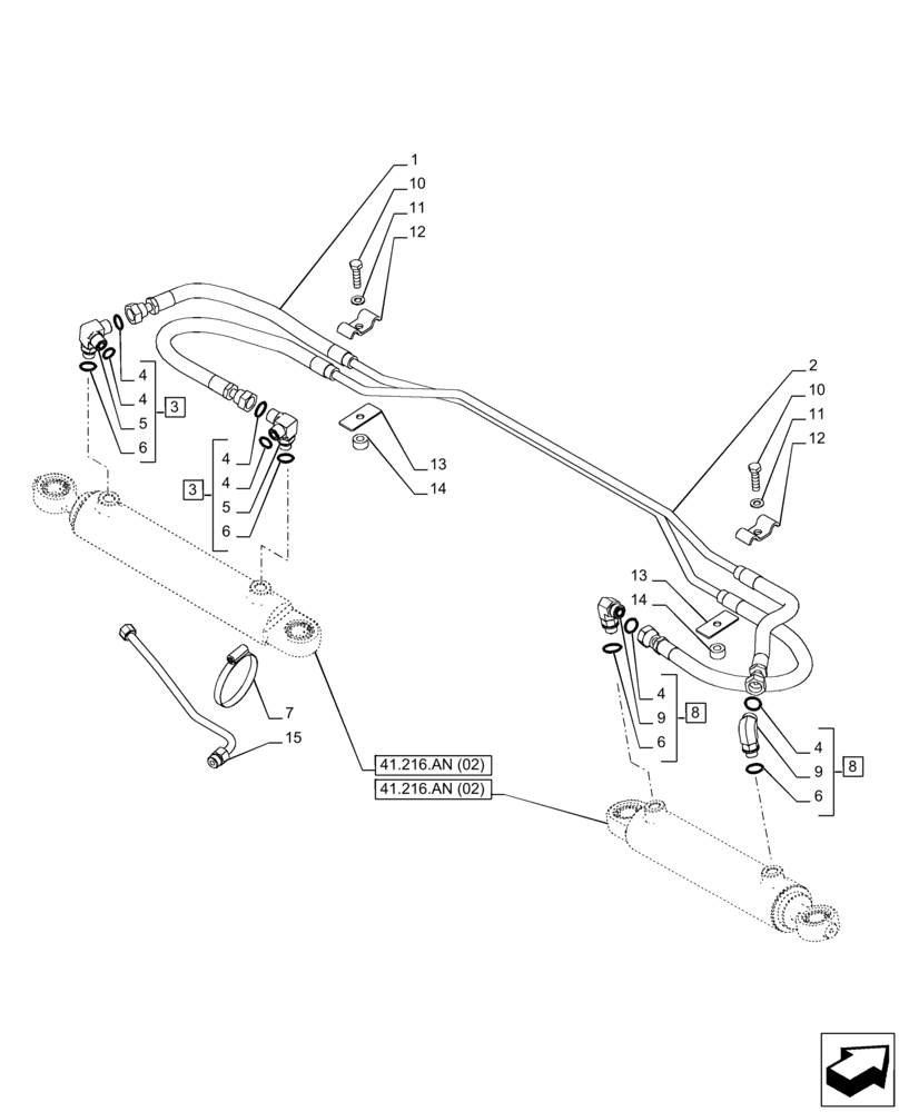 Схема запчастей Case IH PUMA 150 CVT - (41.216.AV[07]) - VAR - 758045 - FRONT AXLE, SUSPENDED, STEERING CYLINDER, HYD. LINE (41) - STEERING