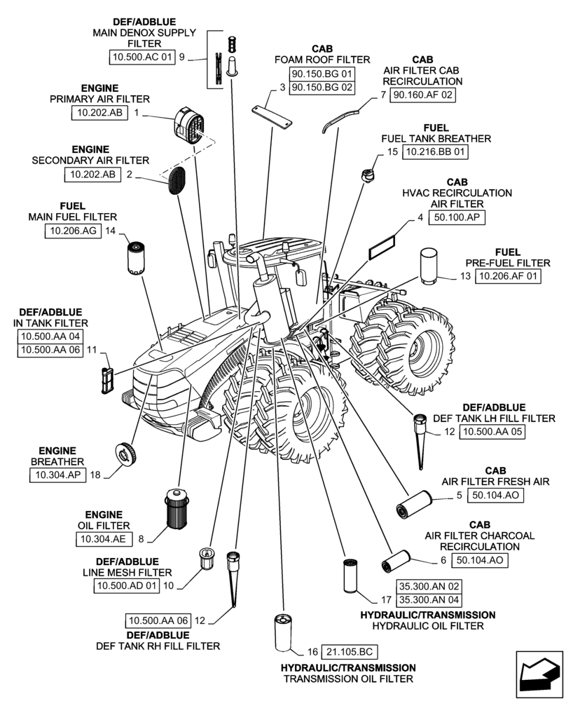 Схема запчастей Case IH STEIGER 620 - (05.100.03[01]) - FILTERS (05) - SERVICE & MAINTENANCE