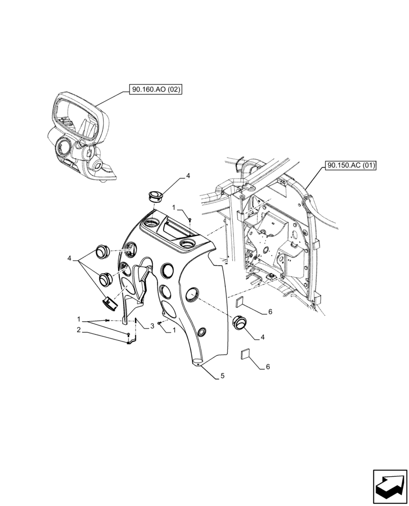 Схема запчастей Case IH FARMALL 105C - (90.160.AO[01]) - VAR - 334180, 334183, 334211, 391606, 743496, 743573, 744588 - CAB INTERIOR TRIM, CONSOLE, FRONT (90) - PLATFORM, CAB, BODYWORK AND DECALS