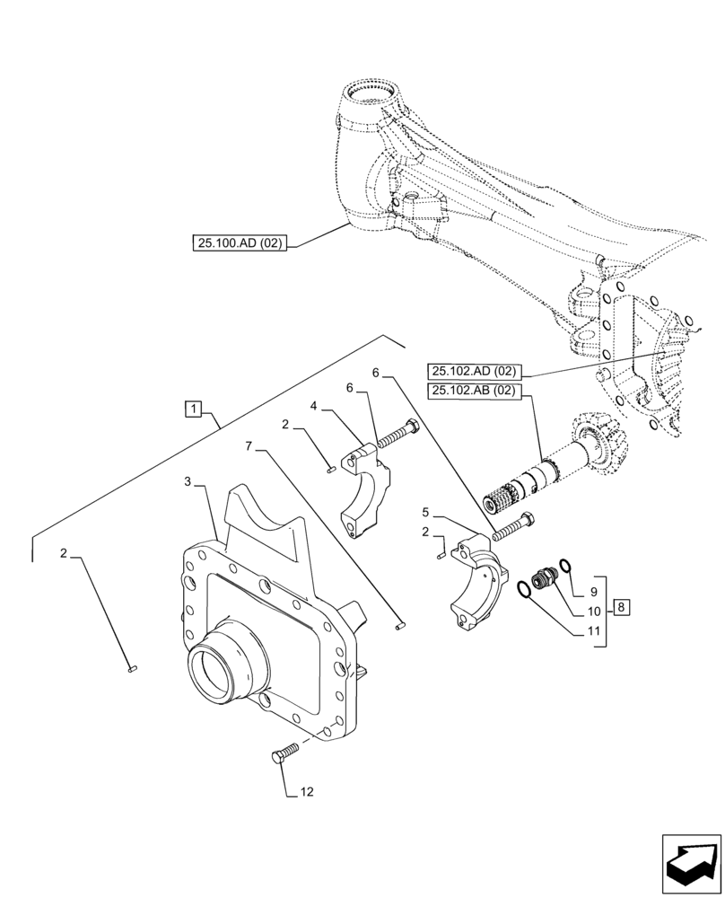 Схема запчастей Case IH PUMA 165 CVT - (25.102.AC[02]) - VAR - 758045 - FRONT AXLE, SUSPENDED, DIFFERENTIAL CARRIER (25) - FRONT AXLE SYSTEM