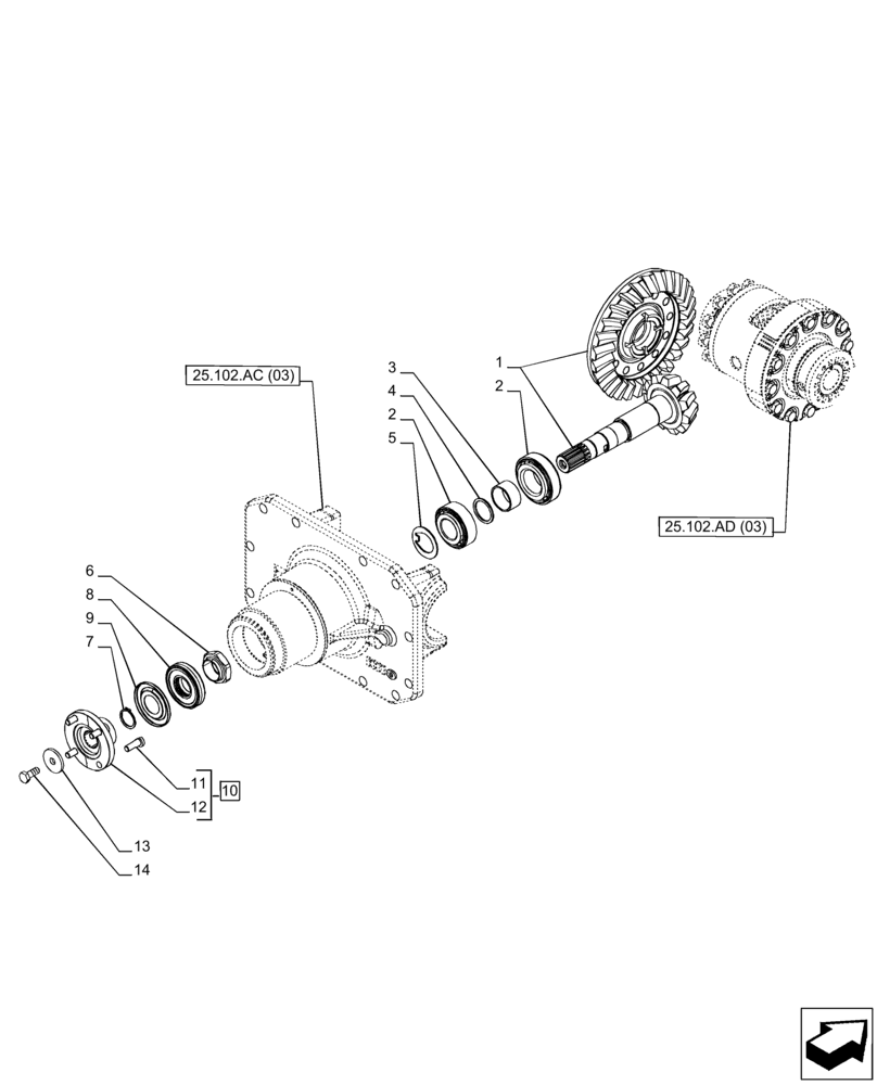 Схема запчастей Case IH PUMA 150 CVT - (25.102.AB[03]) - VAR - 758046 - FRONT AXLE, SUSPENDED W/BRAKES, BEVEL PINION (25) - FRONT AXLE SYSTEM