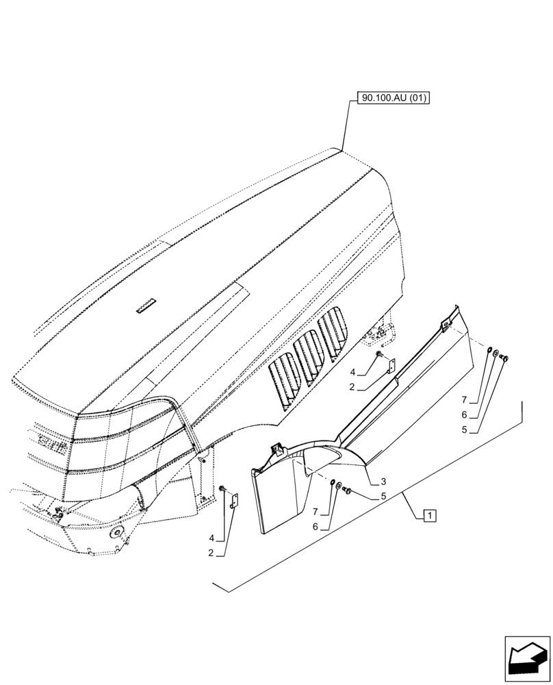 Схема запчастей Case IH PUMA 185 CVT - (90.100.AC[02]) - VAR - 391216, 758207, 758208, 758210 - HOOD, SIDE PANEL, LH (90) - PLATFORM, CAB, BODYWORK AND DECALS