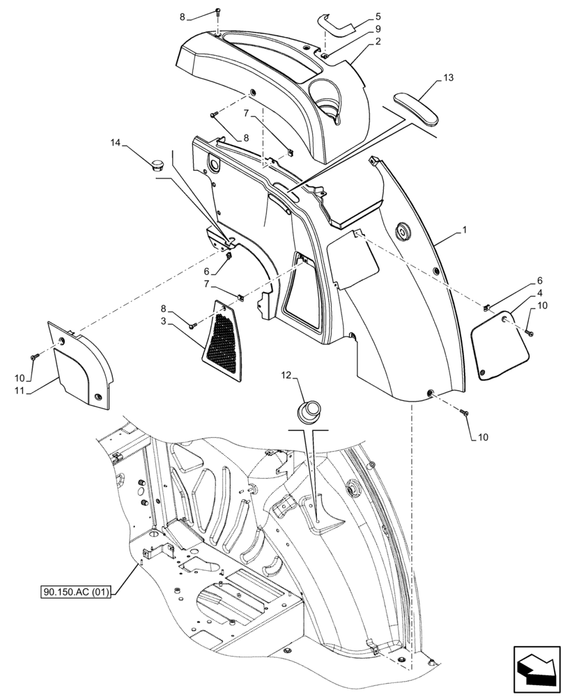 Схема запчастей Case IH FARMALL 115C - (90.160.AM[01]) - VAR - 336125, 338125, 390124, 336780 - CAB, TRIM, LH, CAB (90) - PLATFORM, CAB, BODYWORK AND DECALS