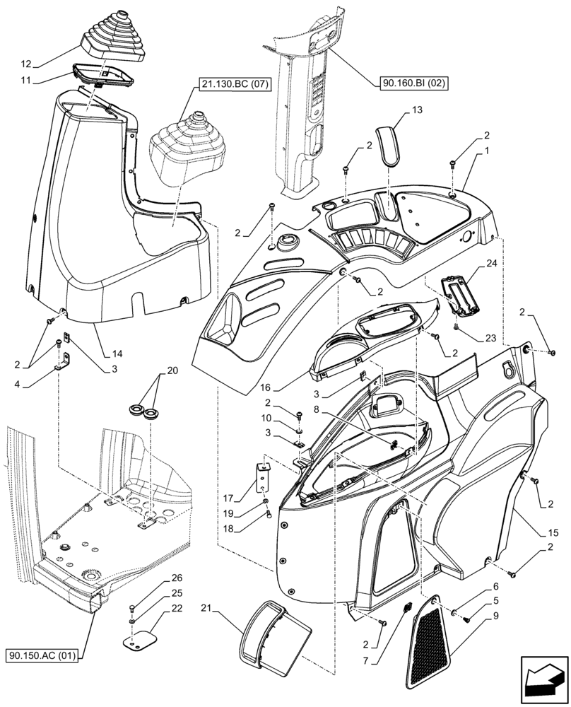 Схема запчастей Case IH FARMALL 105C - (90.160.BL[01]) - VAR - 338125, 390124 - CAB, TRIM, RH, HI-LO, CAB - END YR 12-JAN-2014 (90) - PLATFORM, CAB, BODYWORK AND DECALS