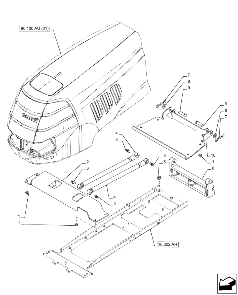 Схема запчастей Case IH PUMA 150 CVT - (90.102.AD[02]) - VAR - 391216, 758207, 758208, 758210 - HOOD, SUPPORTING ARM (90) - PLATFORM, CAB, BODYWORK AND DECALS