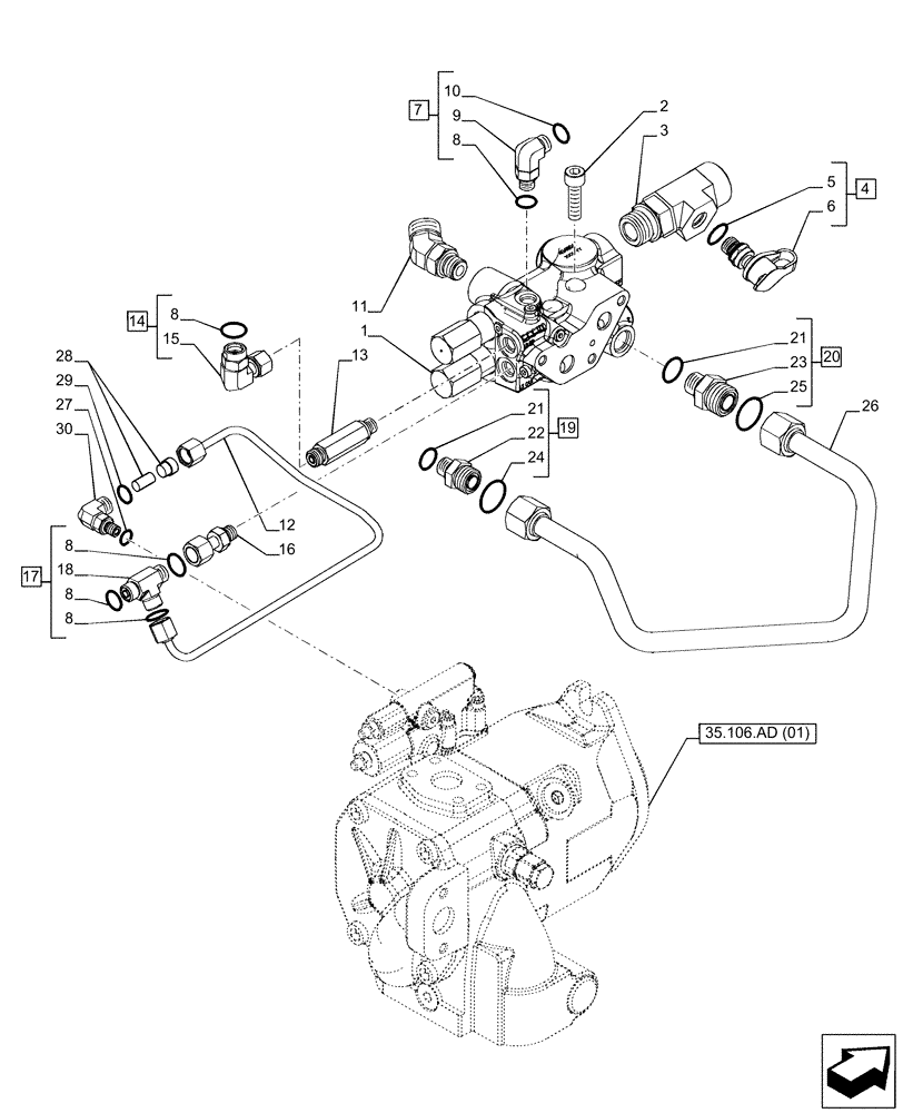 Схема запчастей Case IH PUMA 150 - (35.100.AZ[02]) - VAR - 758037, 758039, 758040, 758042, 758044 - PRIORITY VALVE, POWERSHIFT (35) - HYDRAULIC SYSTEMS