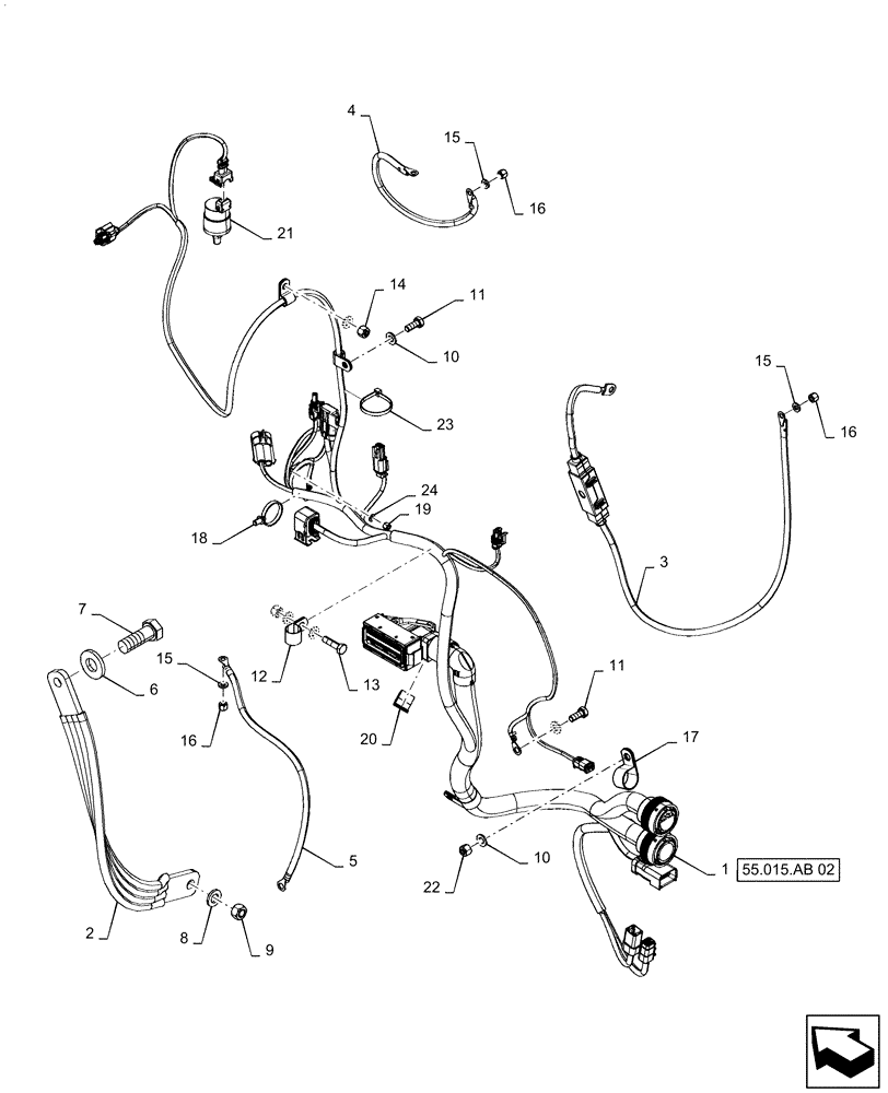 Схема запчастей Case IH QUADTRAC 540 - (55.015.AB[01]) - ENGINE HARNESS MOUNTING, 540, 580, 620 (55) - ELECTRICAL SYSTEMS