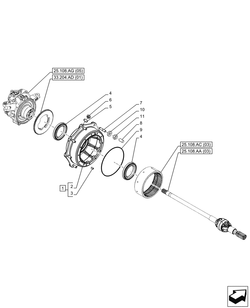 Схема запчастей Case IH PUMA 150 - (25.108.AN[03]) - VAR - 758046 - FRONT AXLE, SUSPENSION W/BRAKES, WHEEL, HUB (25) - FRONT AXLE SYSTEM