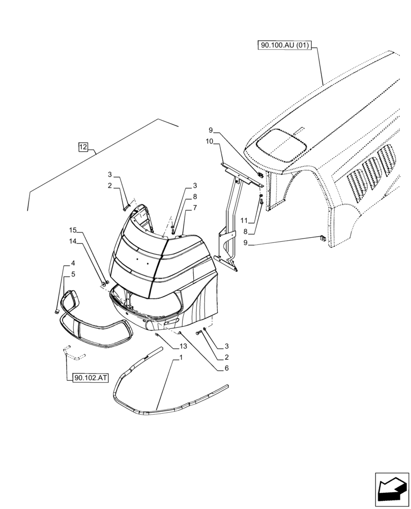 Схема запчастей Case IH PUMA 150 CVT - (90.100.AU[02]) - VAR - 391216, 758207, 758208, 758210 - HOOD, FRONT (90) - PLATFORM, CAB, BODYWORK AND DECALS