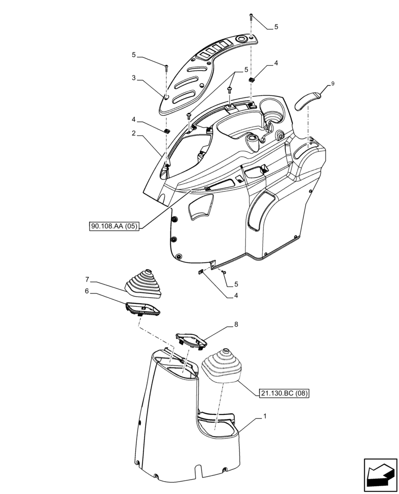 Схема запчастей Case IH FARMALL 95C - (90.110.AV[02]) - VAR - 336125, 338125, 336780 - TRIM PANEL, RIGHT SIDE, WITH MID MOUNT VALVES, W/O CAB (90) - PLATFORM, CAB, BODYWORK AND DECALS