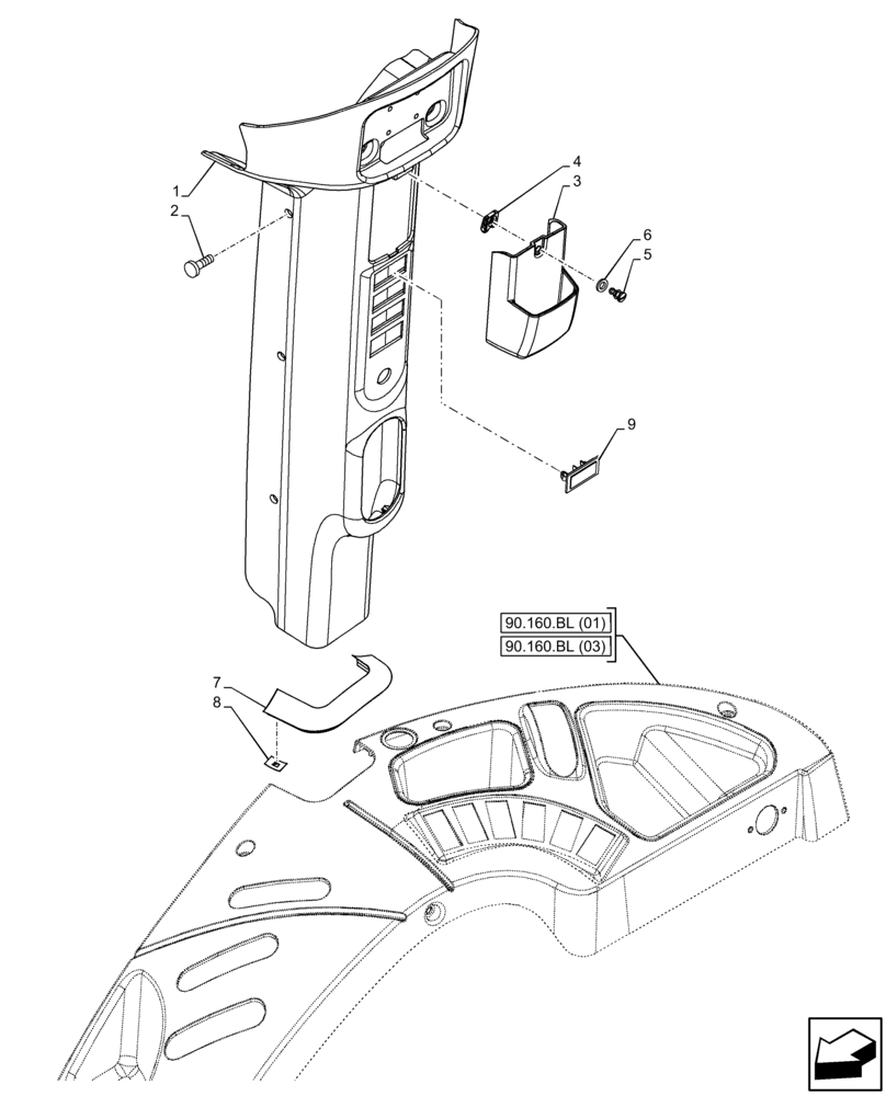 Схема запчастей Case IH FARMALL 105C - (90.160.BI[02]) - VAR - 336125, 338125, 390124, 336780 - CAB, TRIM, PILLAR, RH, HI-LO, CAB (90) - PLATFORM, CAB, BODYWORK AND DECALS