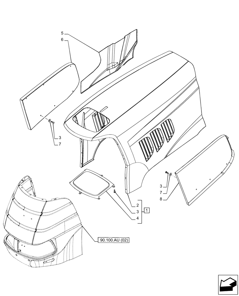 Схема запчастей Case IH PUMA 165 CVT - (90.100.AU[01]) - VAR - 391216, 758207, 758208, 758210 - HOOD (90) - PLATFORM, CAB, BODYWORK AND DECALS