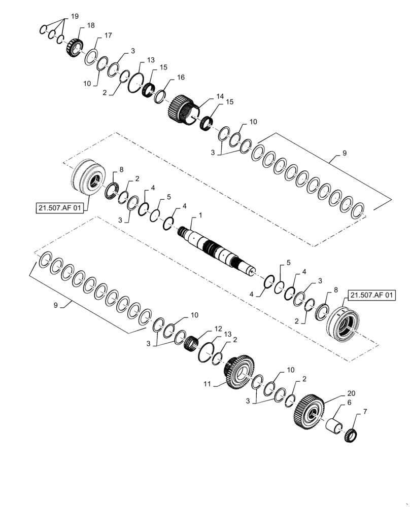 Схема запчастей Case IH MAGNUM 380 - (21.507.AG[07]) - VAR - 429334, 429335 - TRANSMISSION - CVT - SHAFT ASSY - RANGE 3 & 4 (21) - TRANSMISSION