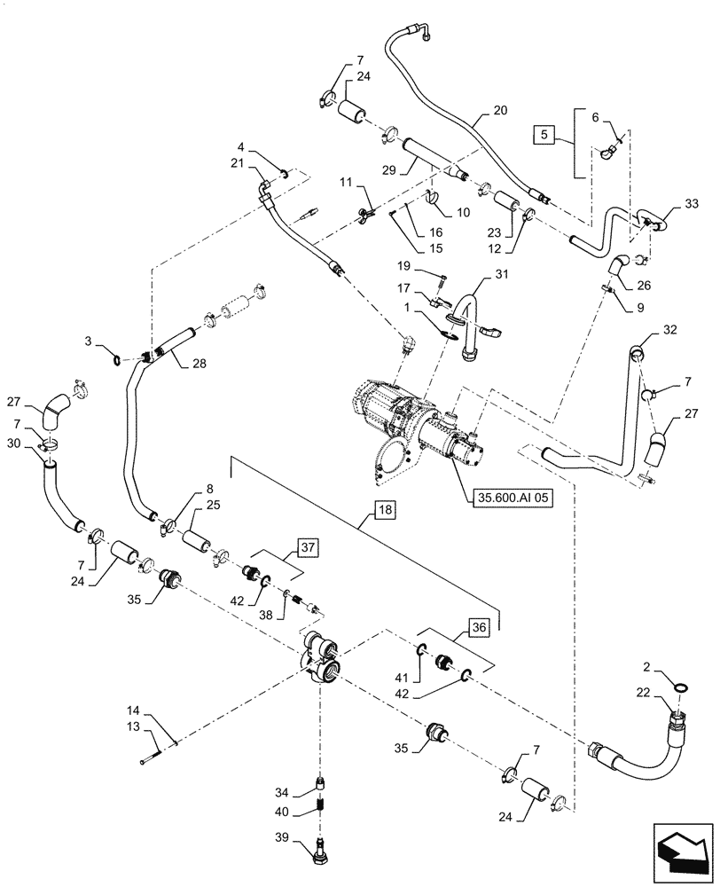 Схема запчастей Case IH QUADTRAC 620 - (35.322.AJ[04]) - HIGH FLOW HYDRAULIC PUMP SUPPLY LINES, 500 SCRAPER, 540 SCRAPER, 550, 580, 600, 620 (35) - HYDRAULIC SYSTEMS