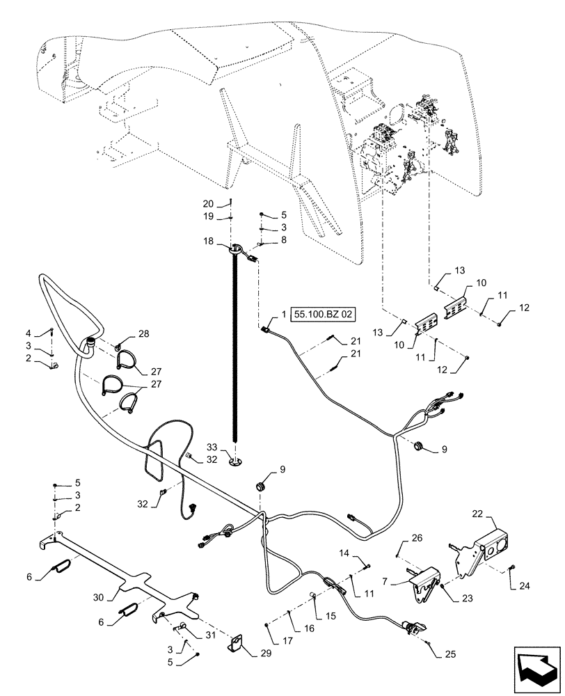 Схема запчастей Case IH STEIGER 620 - (55.100.BZ[01]) - REAR FRAME HARNESS MOUNTING (55) - ELECTRICAL SYSTEMS