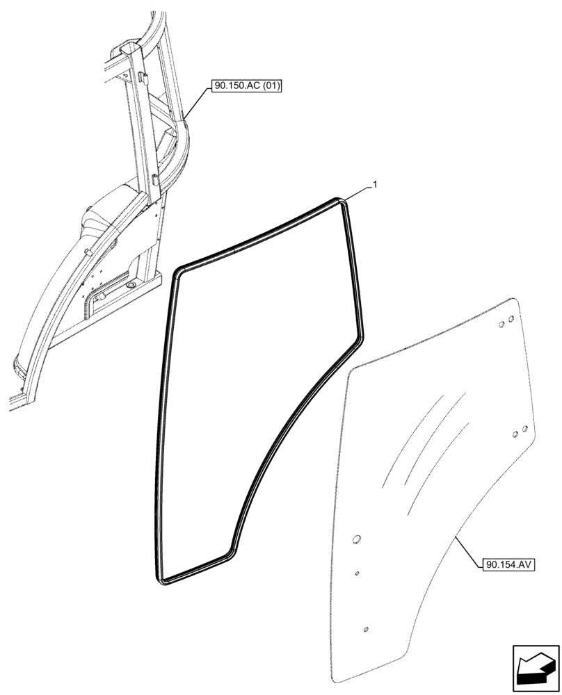 Схема запчастей Case IH FARMALL 95C - (90.154.AH) - VAR - 334180, 334183, 334211, 391606, 743496, 743573, 744588 - CAB DOOR, GLASS SEAL (90) - PLATFORM, CAB, BODYWORK AND DECALS