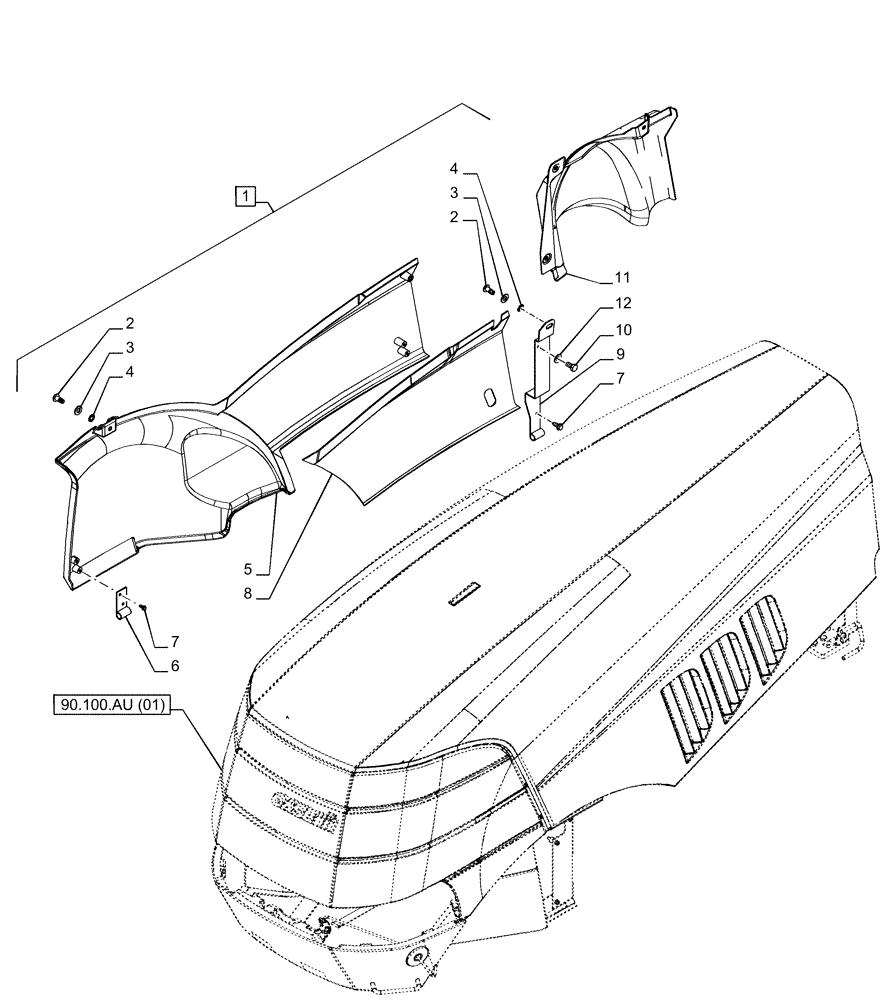 Схема запчастей Case IH PUMA 240 CVT - (90.100.AC[01]) - VAR - 391216, 758207, 758208, 758210 - HOOD, SIDE PANEL, RH (90) - PLATFORM, CAB, BODYWORK AND DECALS