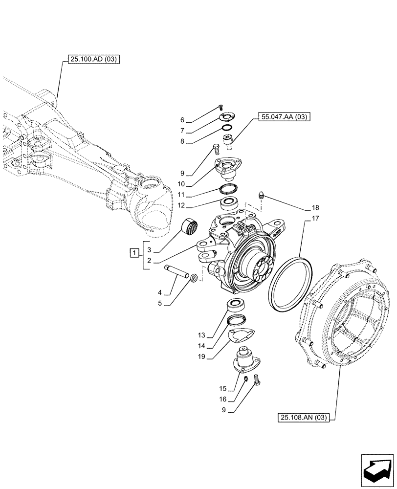 Схема запчастей Case IH PUMA 150 CVT - (25.108.AG[05]) - VAR - 758046 - FRONT AXLE, SUSPENDED W/BRAKES, STEERING KNUCKLE, RH (25) - FRONT AXLE SYSTEM