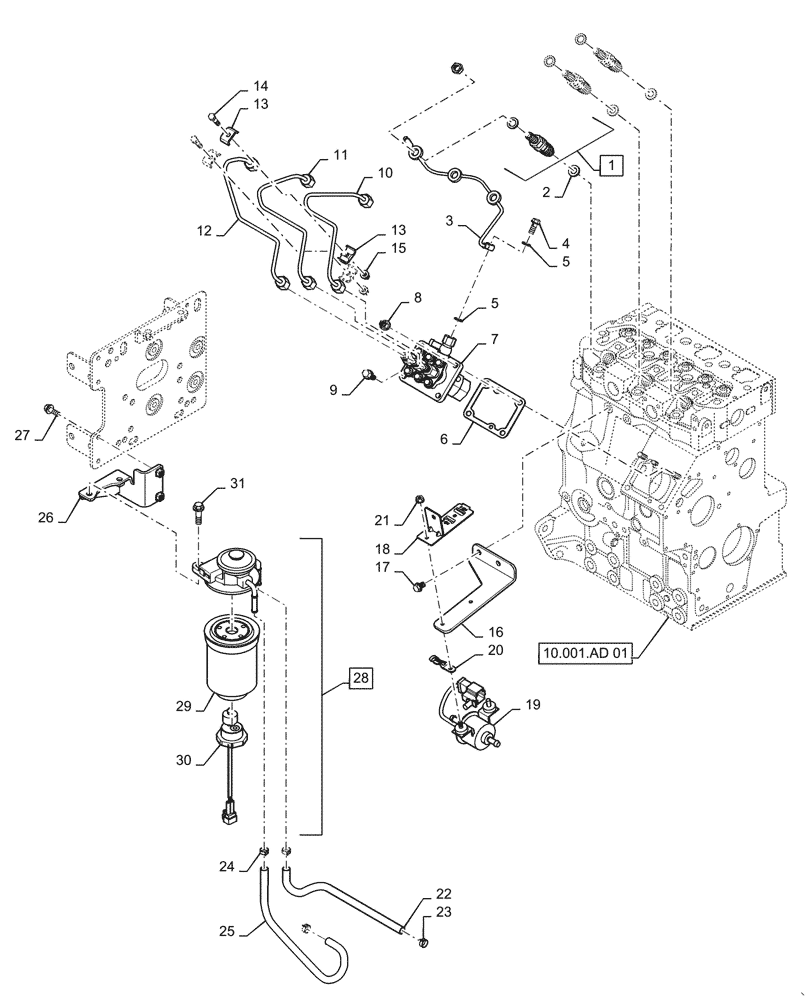 Схема запчастей Case IH FARMALL 35C - (10.218.AD[01]) - FUEL LINE AND INLINE FILTER, FARMALL 30C, 35C (10) - ENGINE