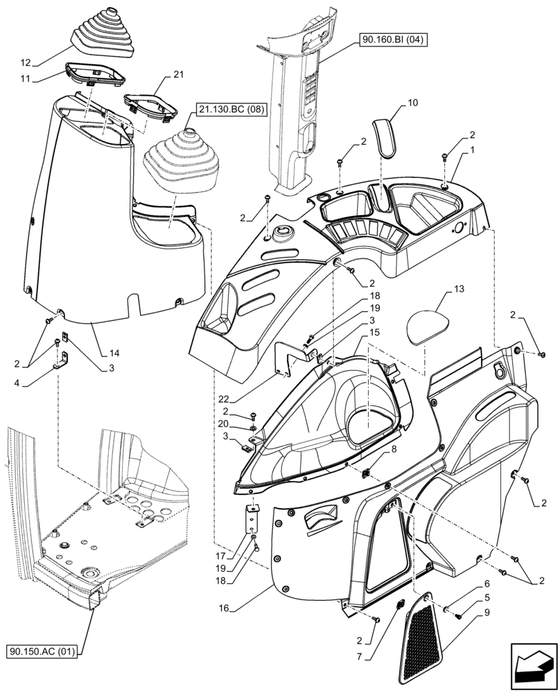 Схема запчастей Case IH FARMALL 105C - (90.160.BL[04]) - VAR - 336125, 338125, 336780 - CAB, TRIM, RH, CAB (90) - PLATFORM, CAB, BODYWORK AND DECALS