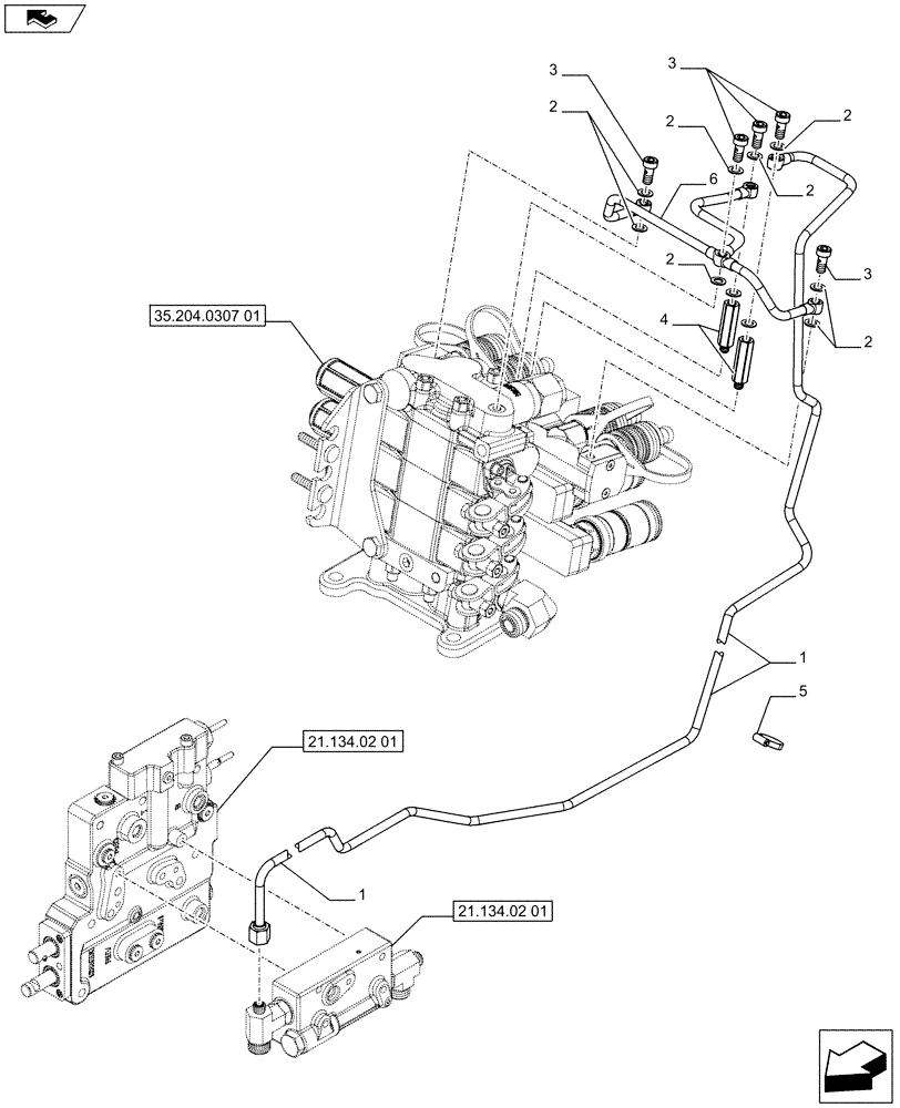 Схема запчастей Case IH FARMALL 75C - (35.204.0307[04A]) - 3 REAR CONTROL VALVES WITH 8 COUPLERS (4 STD + 4 DLX) AND DIVERTER - PIPES - ISO (VAR.336195 / 743571) - BEGIN YR 24-APR-2012 (35) - HYDRAULIC SYSTEMS