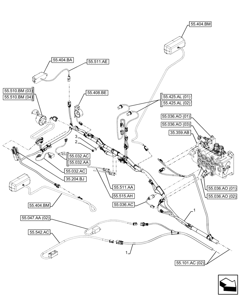 Схема запчастей Case IH FARMLIFT 735 - (55.101.AC[01]) - WIRE HARNESS, FRAME, REAR (55) - ELECTRICAL SYSTEMS