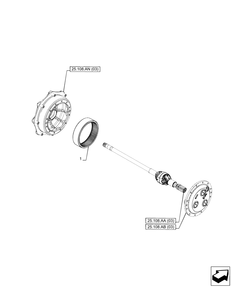 Схема запчастей Case IH PUMA 165 CVT - (25.108.AC[03]) - VAR - 758046 - FRONT AXLE, SUSPENDED W/BRAKES, FINAL DRIVE (25) - FRONT AXLE SYSTEM