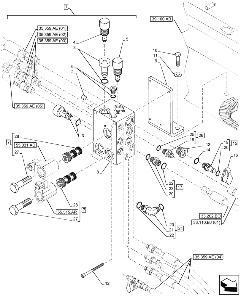 Схема запчастей Case IH FARMLIFT 735 - (35.359.BB) - HYDRAULIC MANIFOLD (35) - HYDRAULIC SYSTEMS