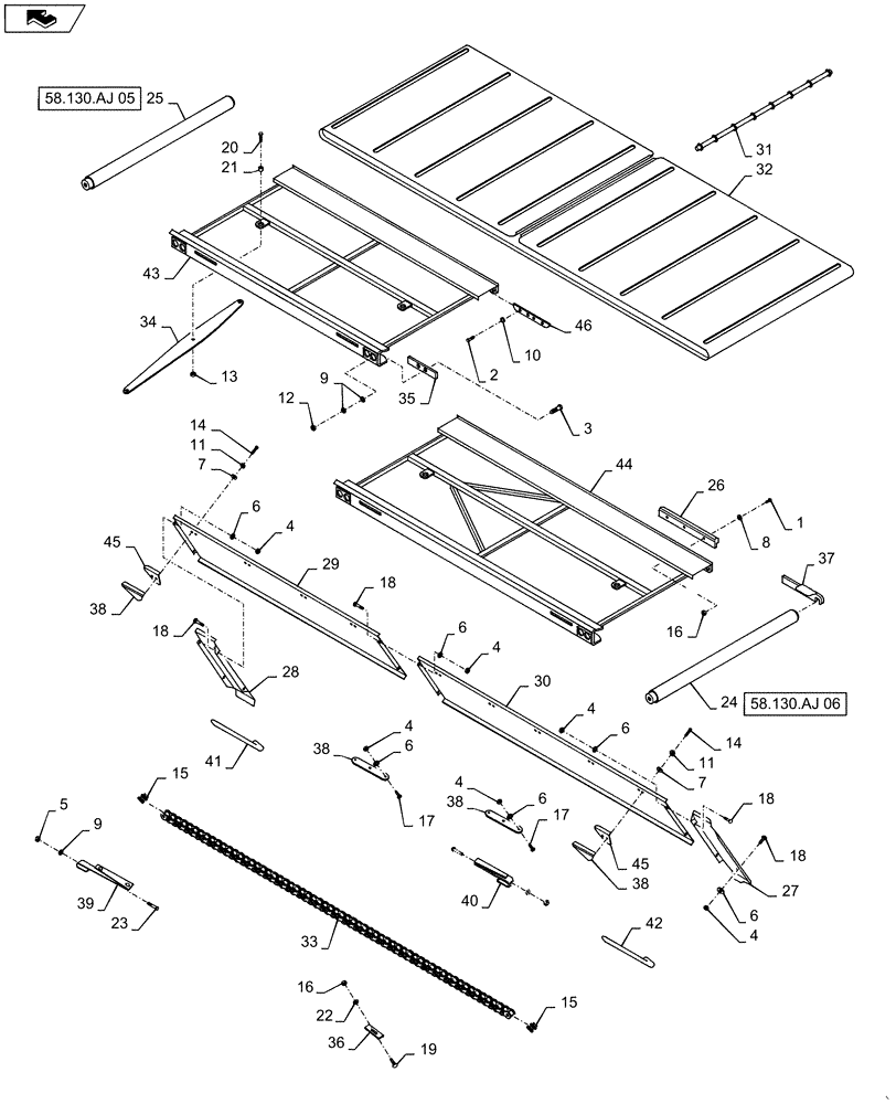 Схема запчастей Case IH DH303 - (58.130.AJ[04]) - DRAPER, DECK, DOUBLE SWATH, 36FT RH (58) - ATTACHMENTS/HEADERS