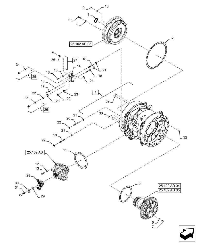 Схема запчастей Case IH STEIGER 500 - (25.102.AD[01]) - FRONT AXLE HOUSING & COVERS, 500, 540 (25) - FRONT AXLE SYSTEM