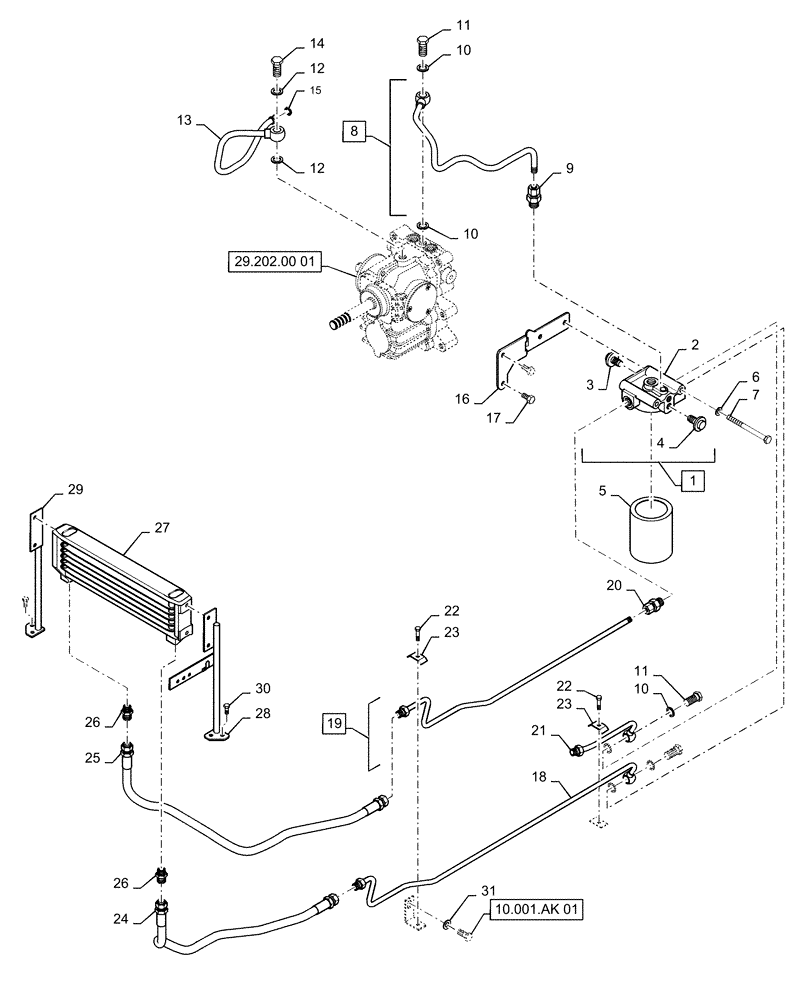 Схема запчастей Case IH FARMALL 35C - (10.408.AO[01]) - TRANSMISSION OIL COOLER, FARMALL 30C, 35C (10) - ENGINE