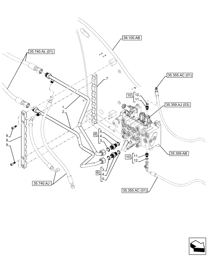 Схема запчастей Case IH FARMLIFT 735 - (35.359.AE[07]) - CONTROL VALVE LINE, TILT SECTION, HYDRAULIC LINE (35) - HYDRAULIC SYSTEMS