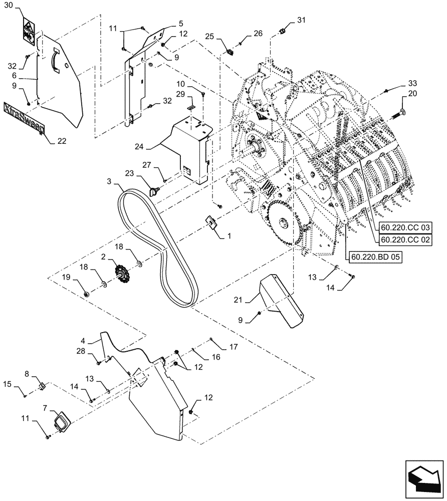 Схема запчастей Case IH RB465 - (60.260.BL[04]) - OVERSHOT FEEDER SHIELDS & DRIVE, RH (60) - PRODUCT FEEDING