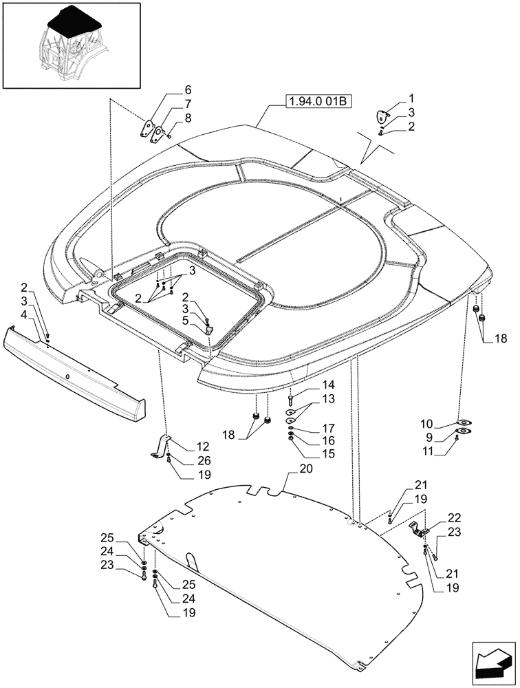 Схема запчастей Case IH MAXXUM 100 - (1.94.0[02]) - ROOF WITH LOW PROFILE, BRACKET - D7193 (10) - OPERATORS PLATFORM/CAB