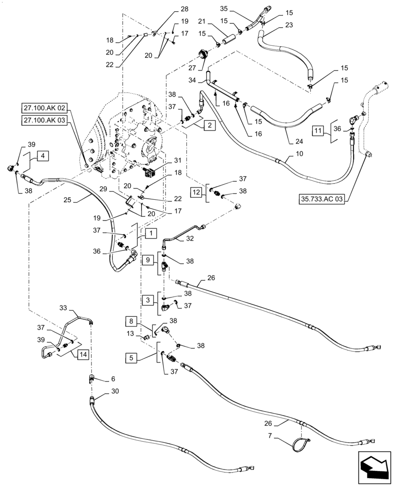 Схема запчастей Case IH STEIGER 420 - (35.733.AC[04]) - REAR AXLE LUBRICATION LINES, W/ DIFFERENTIAL LOCK (35) - HYDRAULIC SYSTEMS