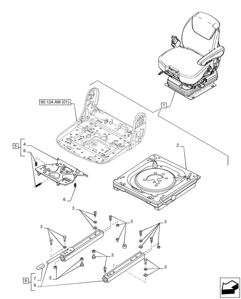 Схема запчастей Case IH PUMA 240 CVT - (90.124.AL[01]) - VAR - 391176, 758255, 758256 - DRIVER SEAT, SLIDE GUIDE (90) - PLATFORM, CAB, BODYWORK AND DECALS