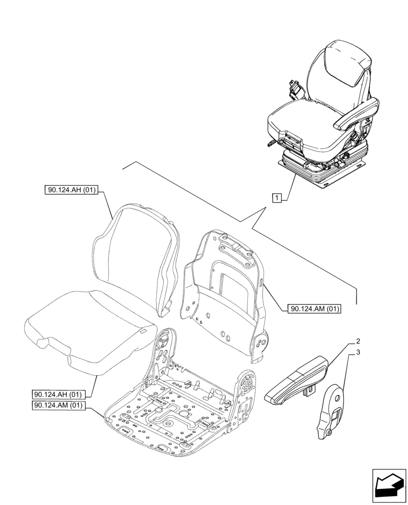 Схема запчастей Case IH PUMA 185 CVT - (90.124.AD[01]) - VAR - 391176, 758255, 758256 - DRIVER SEAT, ARMREST (90) - PLATFORM, CAB, BODYWORK AND DECALS