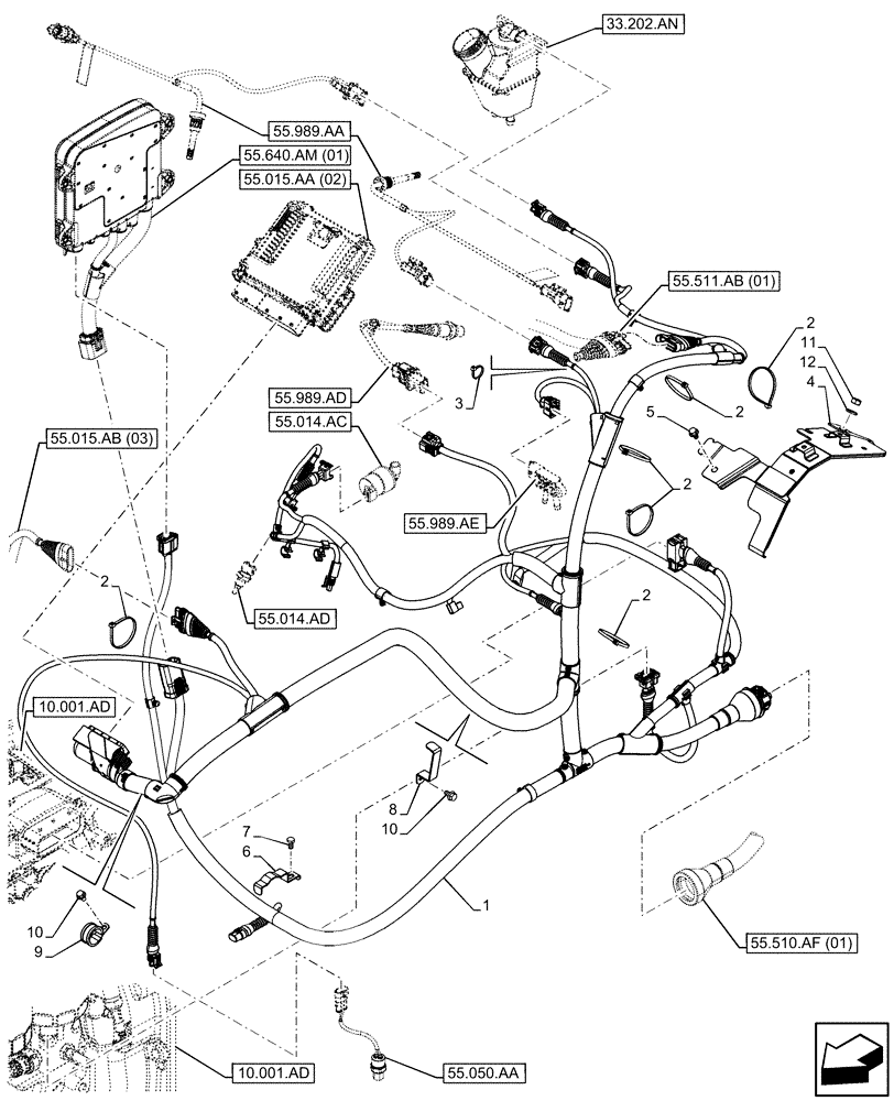 Схема запчастей Case IH FARMALL 85C - (55.015.AB[03]) - VAR - 334216 - ENGINE, ELECTRIC CABLE, CAB (55) - ELECTRICAL SYSTEMS