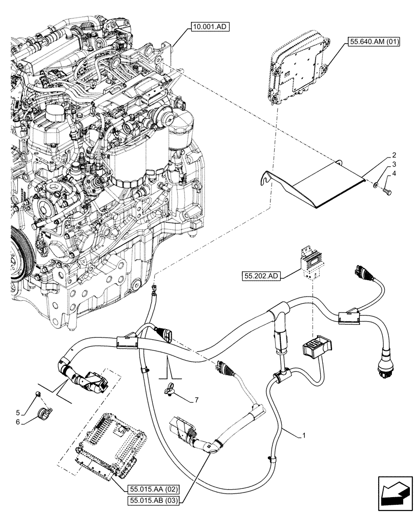 Схема запчастей Case IH FARMALL 95C - (55.015.AB[02]) - VAR - 334216, 334218 - ENGINE, ELECTRIC CABLE (55) - ELECTRICAL SYSTEMS