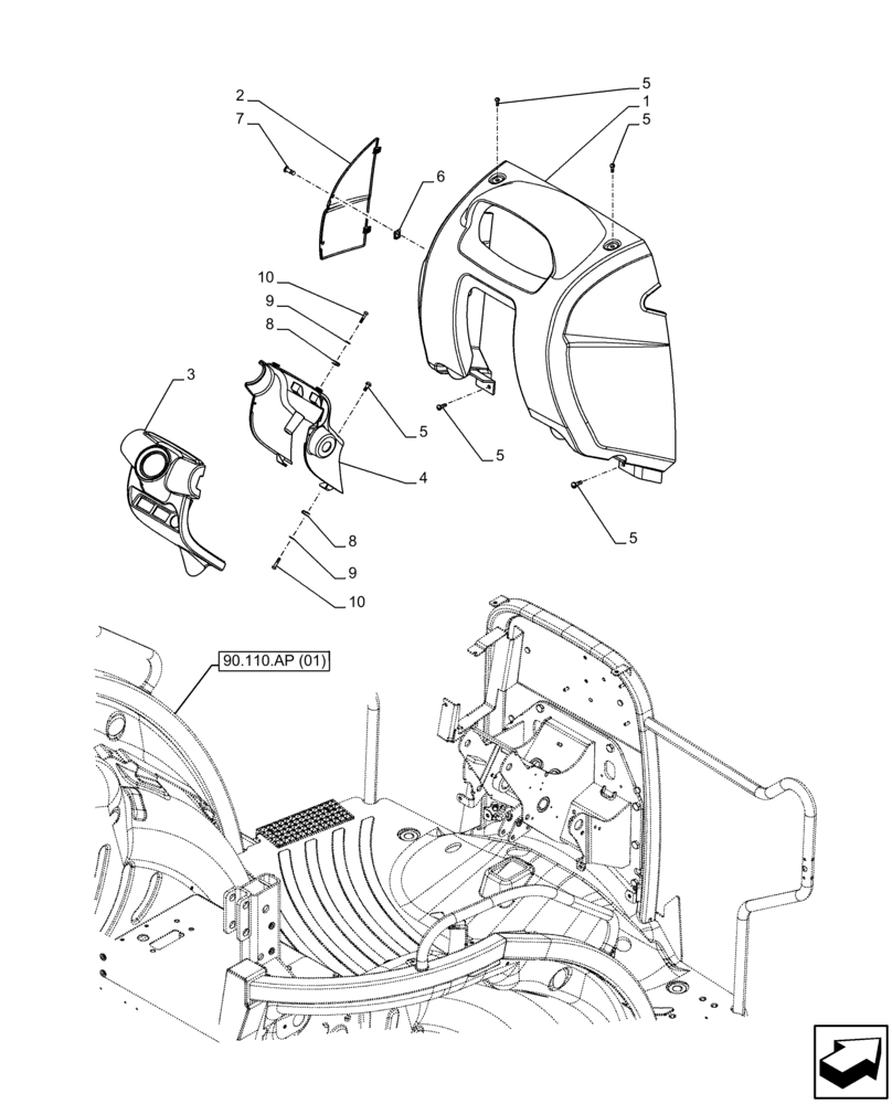 Схема запчастей Case IH FARMALL 105C - (90.110.AH) - VAR - 334187, 334190, 392315 - INSTRUMENT PANEL, FRONT, W/O CAB (90) - PLATFORM, CAB, BODYWORK AND DECALS