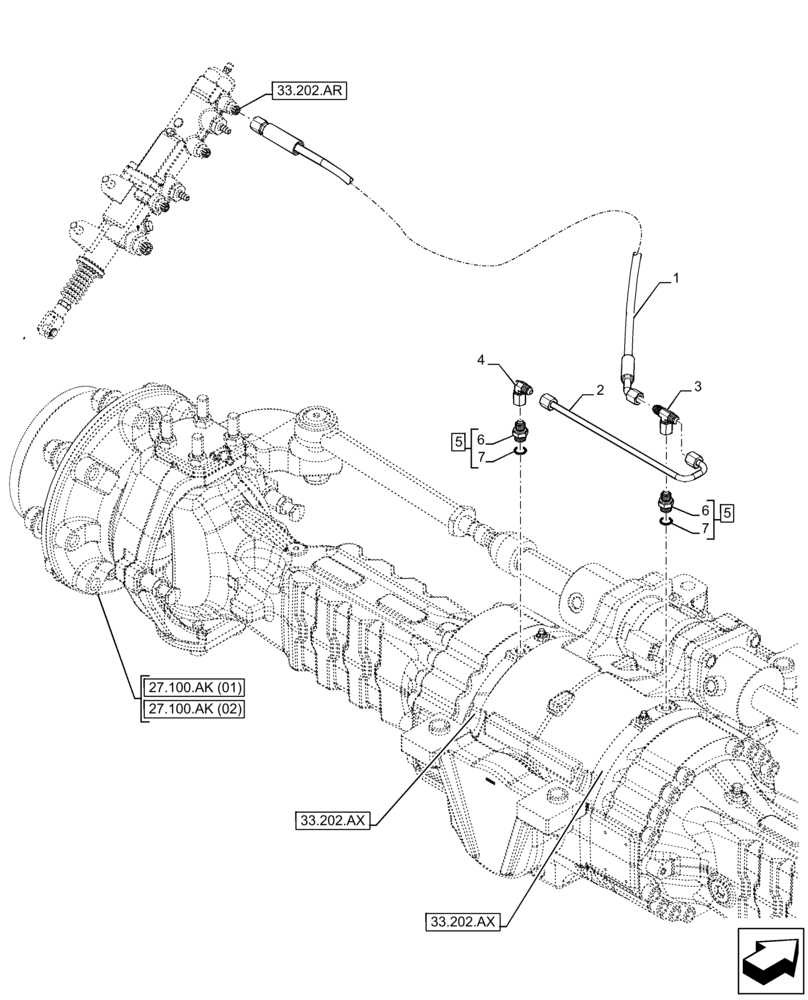 Схема запчастей Case IH FARMLIFT 742 - (33.202.BE[02]) - BRAKE CYLINDER, LINES, REAR (33) - BRAKES & CONTROLS