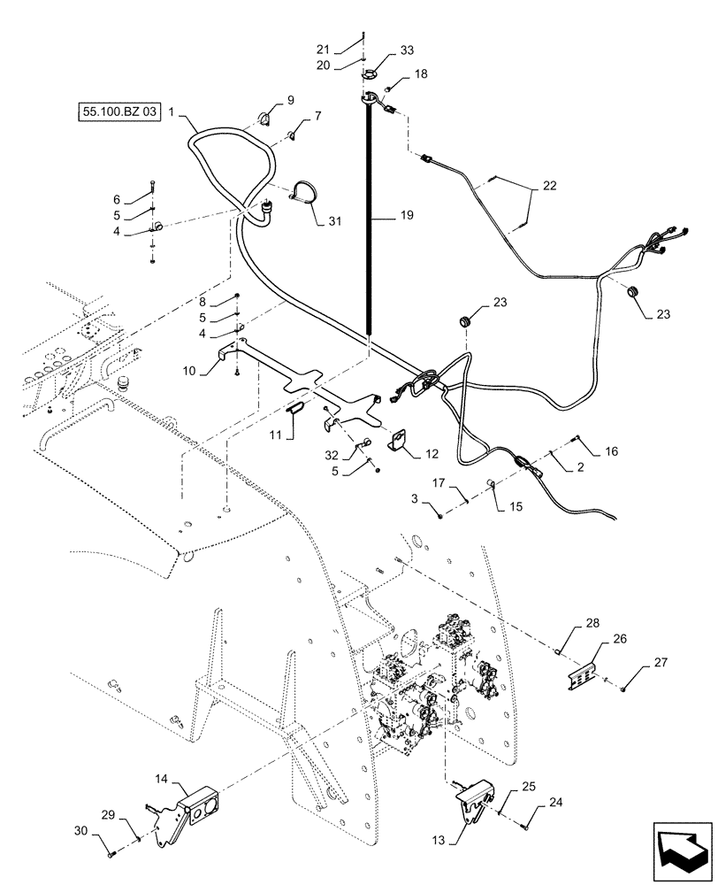 Схема запчастей Case IH STEIGER 470 - (55.100.BZ[01]) - REAR FRAME HARNESS MOUNTING, W/O CAB SUSPENSION (55) - ELECTRICAL SYSTEMS